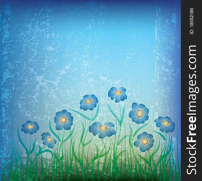 Abstract grunge background with flowers and grass on blue. Abstract grunge background with flowers and grass on blue