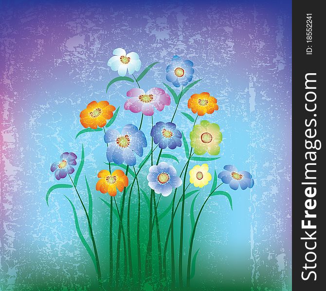 Abstract grunge illustration with color flowers and grass. Abstract grunge illustration with color flowers and grass