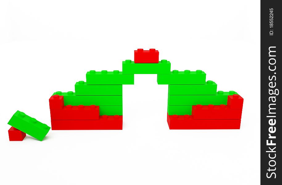 Small house made of green ans red cubes of the children's construction set. Small house made of green ans red cubes of the children's construction set