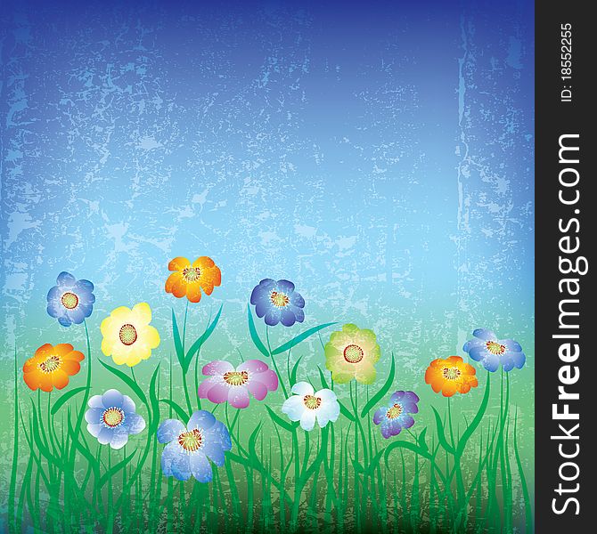 Abstract grunge illustration with flowers and grass on blue. Abstract grunge illustration with flowers and grass on blue