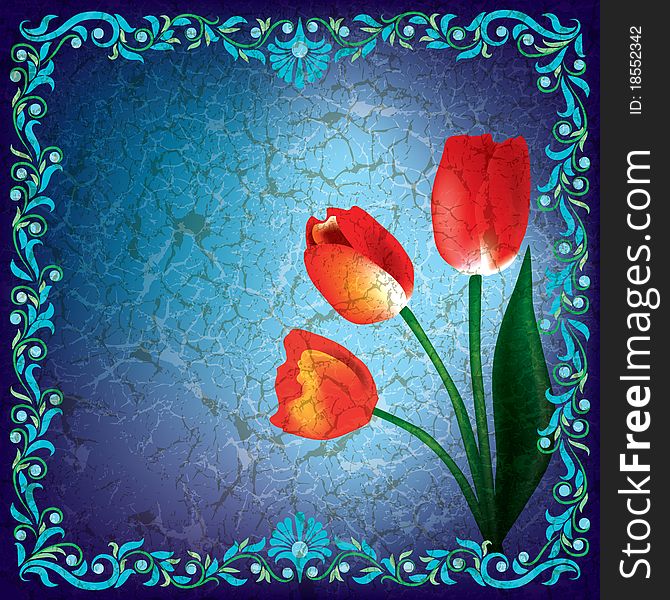 Abstract grunge illustration with red tulips on blue background. Abstract grunge illustration with red tulips on blue background