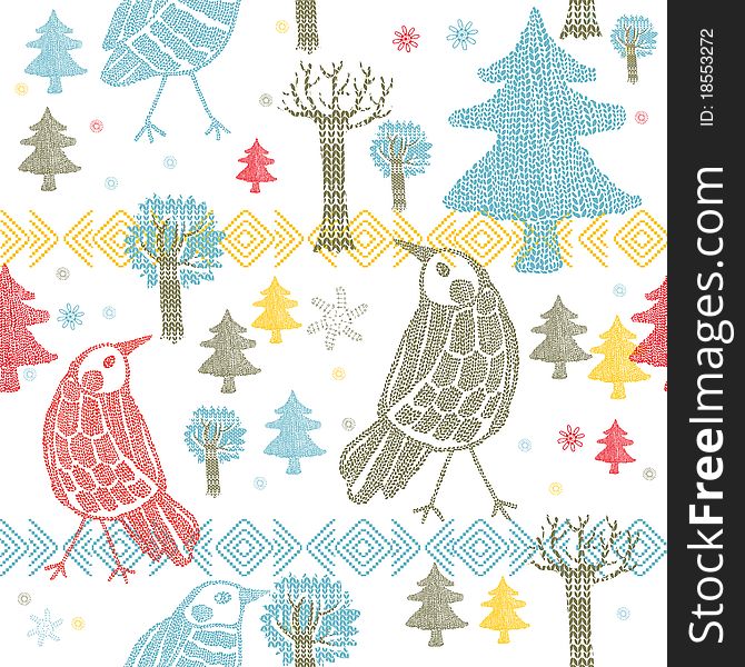 Knitting trees and birds on white background. Knitting trees and birds on white background