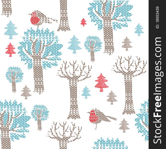 Knitting trees and birds on white background. Knitting trees and birds on white background