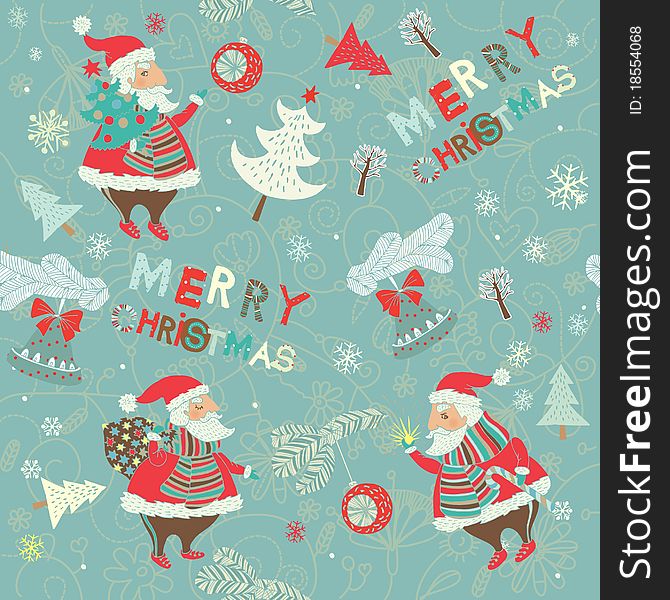 Xmas seamless background with Santa, bells and trees. Xmas seamless background with Santa, bells and trees