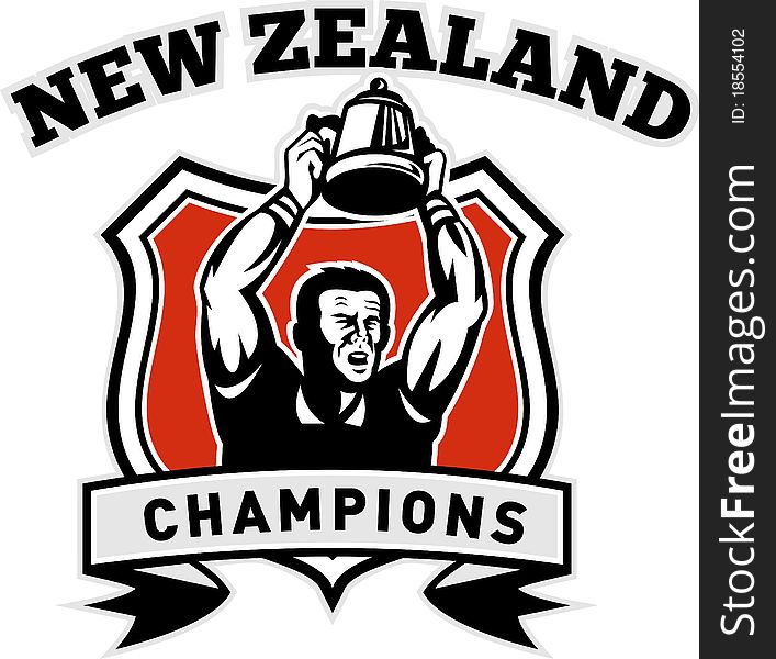 Illustration of a Rugby player raising up championship cup set inside a shield with words New Zealand Champion. Illustration of a Rugby player raising up championship cup set inside a shield with words New Zealand Champion