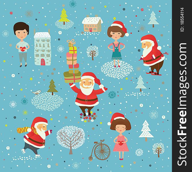 Winter Christmas Background With Kids And Santa