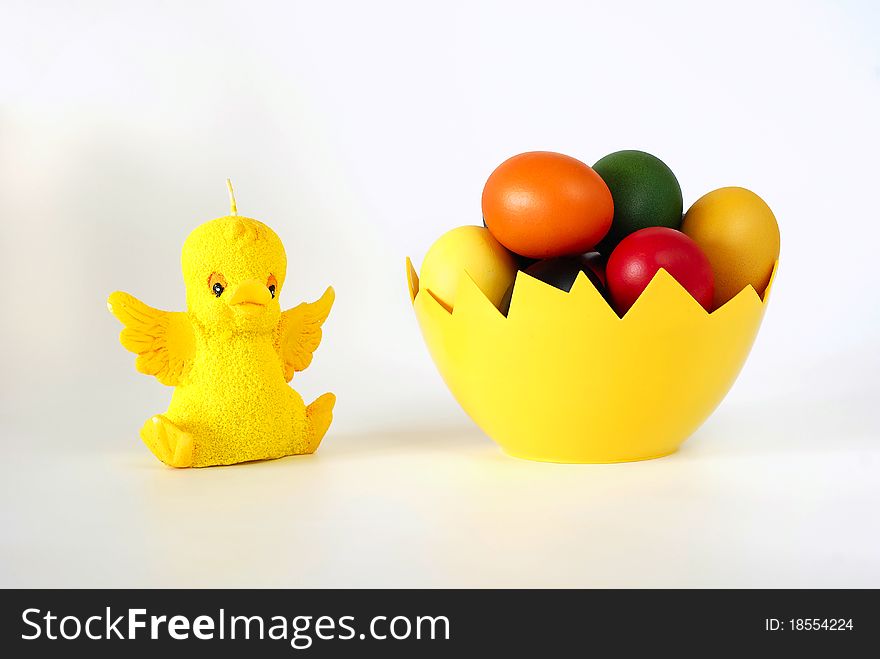 Easter painted eggs with the chicken on the white background. Easter painted eggs with the chicken on the white background