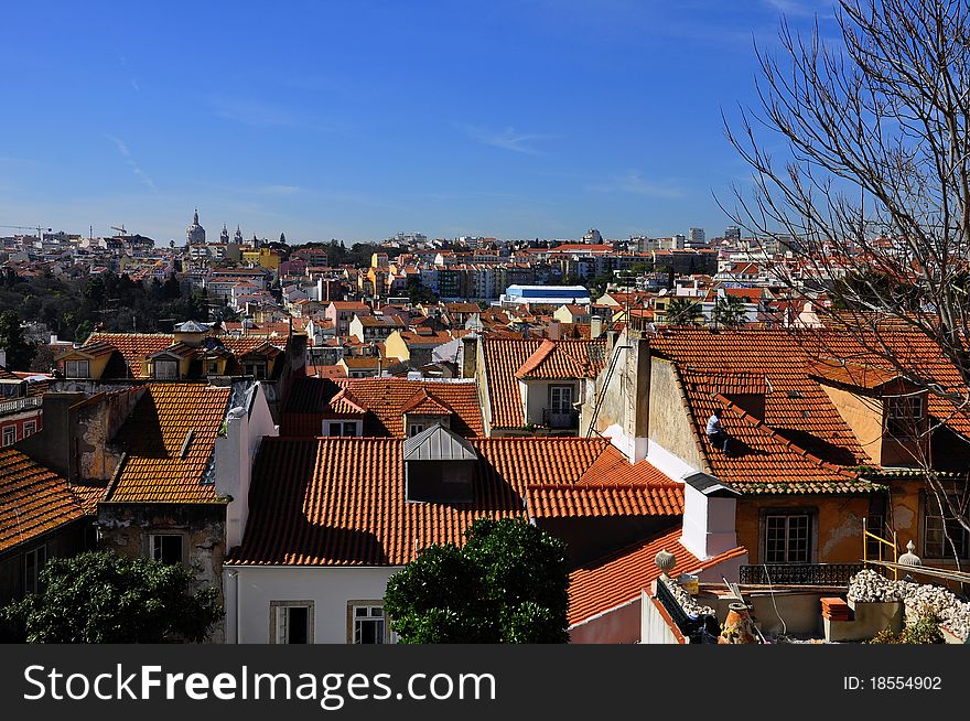 View City of Lisbon, rooftops, churches, bridges