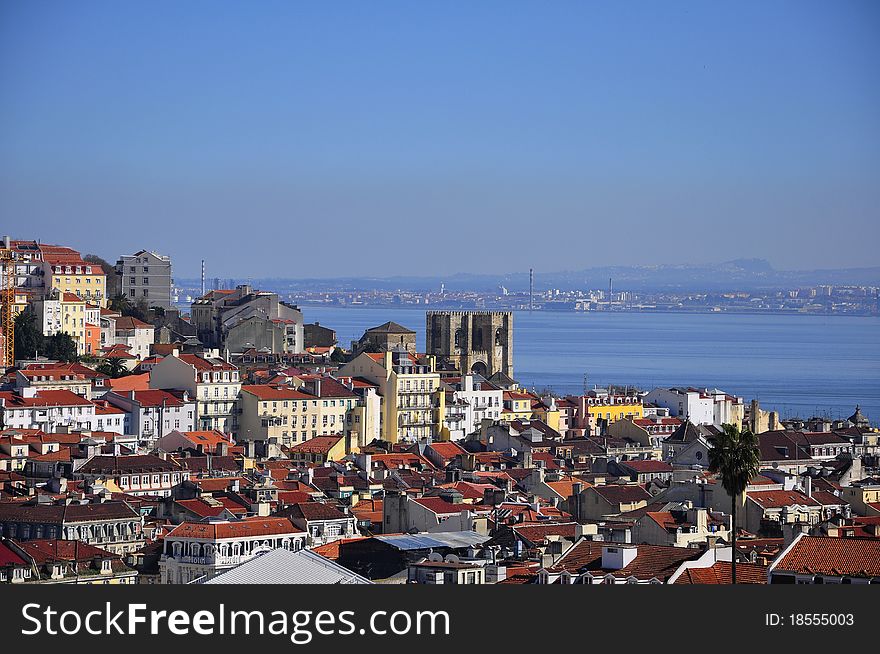 View City of Lisbon, rooftops, churches, bridges