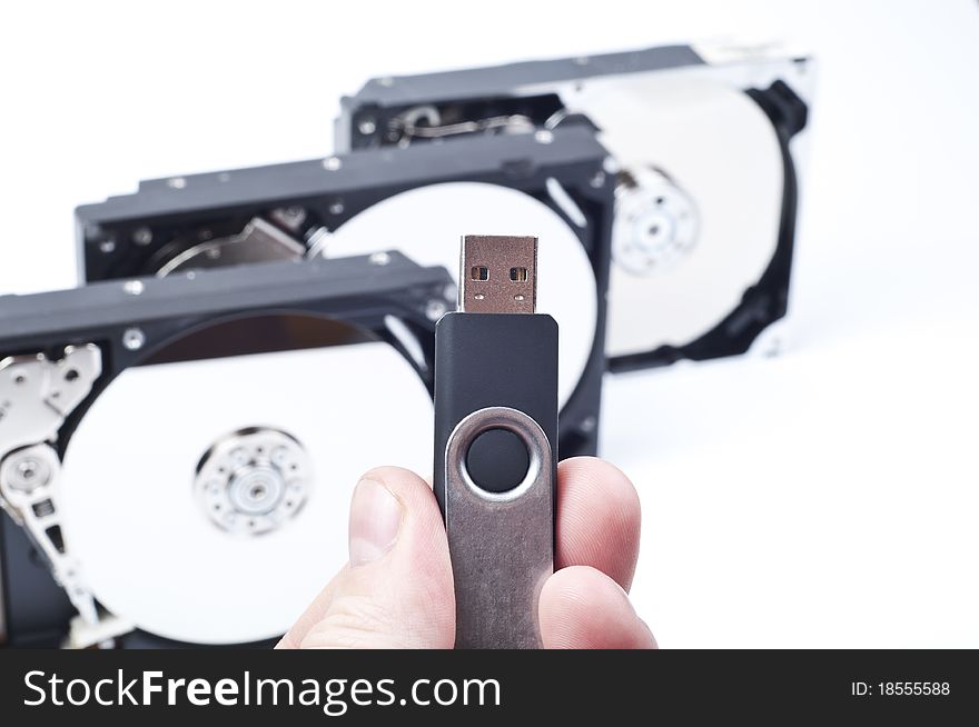 Pendrive in man hand on white background. Pendrive in man hand on white background