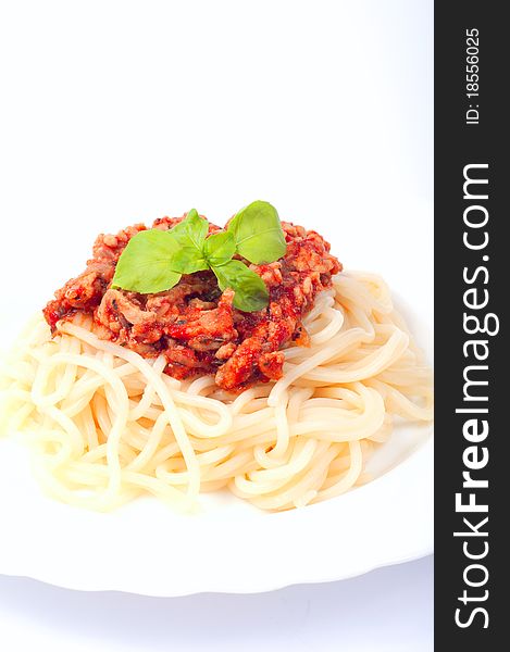 Saghetti on plate on white background. Saghetti on plate on white background