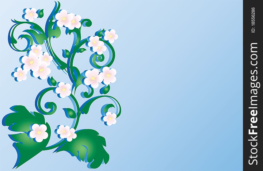 Abstract ornament with flowers and green leaves on a blue background. Abstract ornament with flowers and green leaves on a blue background.