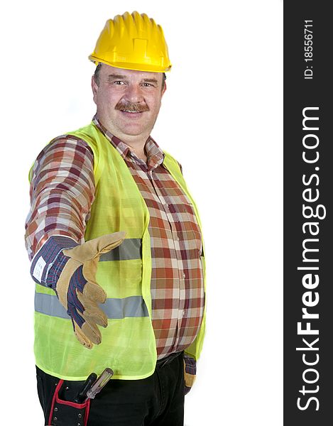 Friendly construction worker isolated on white background. Friendly construction worker isolated on white background