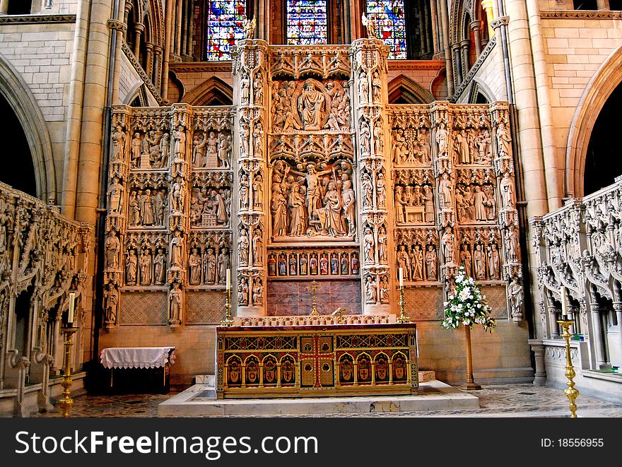 Cathedral Altar with Beautiful Carvings and Stained Glass. Cathedral Altar with Beautiful Carvings and Stained Glass