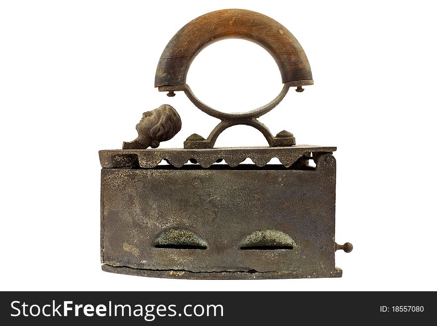 Old iron isolated on white background. Focus on foreground. Intentional shallow depth of field. Studio work.