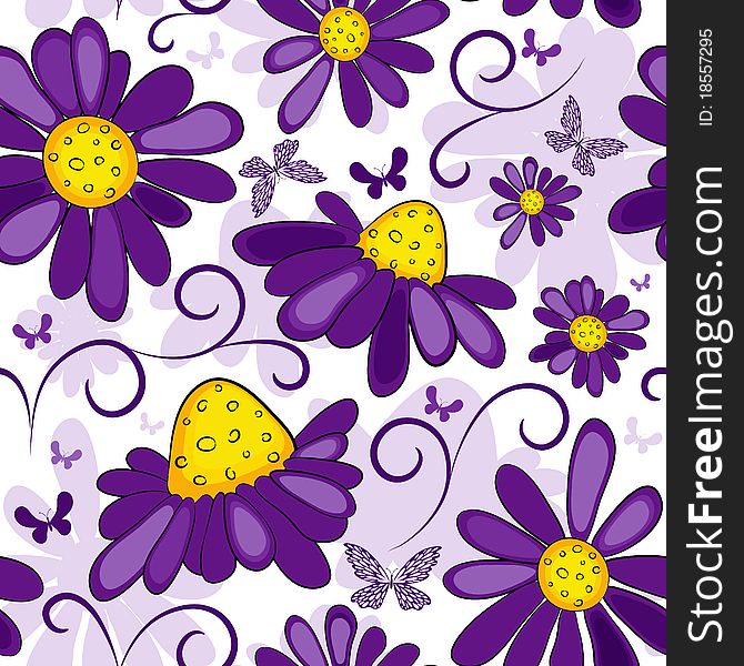 Floral seamless white-violet pattern with flowers and butterflies