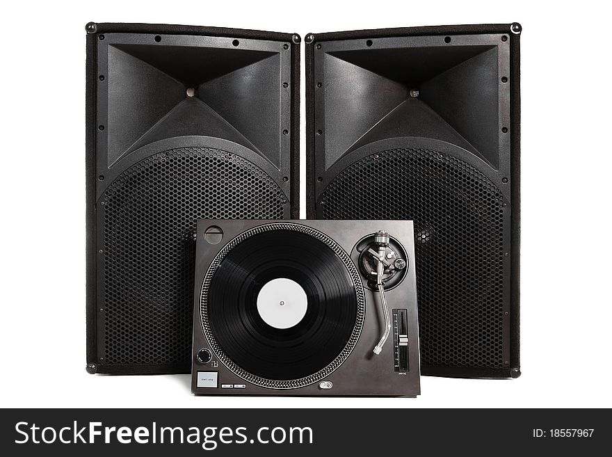 Professional vinyl record player with two large speakers on white background. Professional vinyl record player with two large speakers on white background