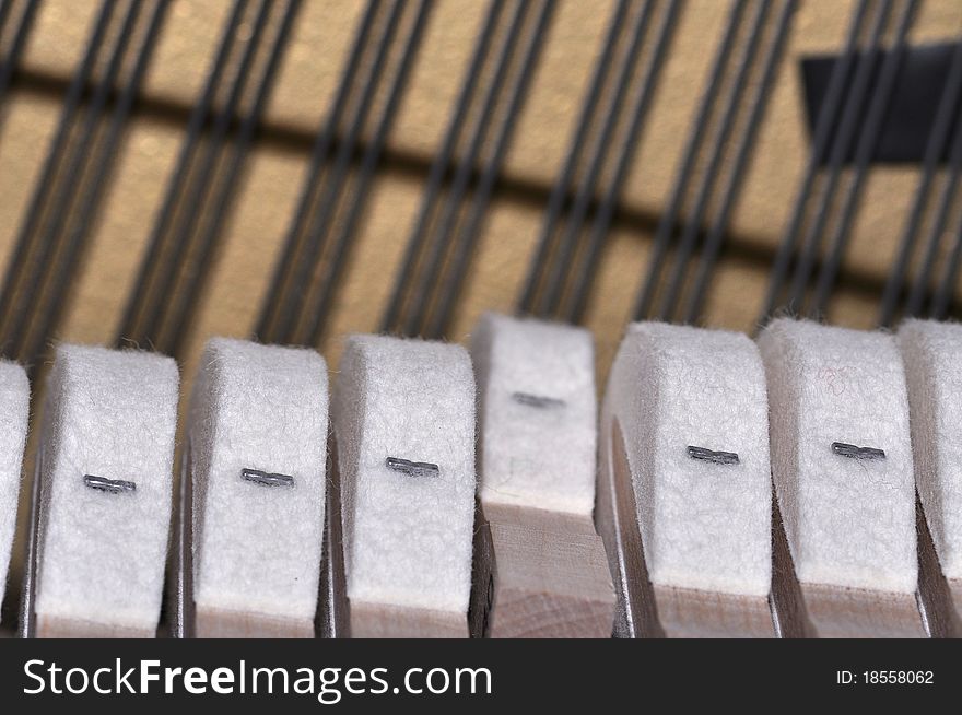 Felted piano hammers on strings in closeup