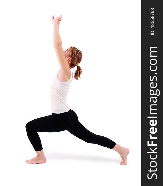 Beautiful girl practicing yoga on white background