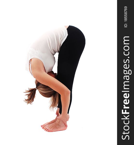 Beautiful girl practicing yoga on white background