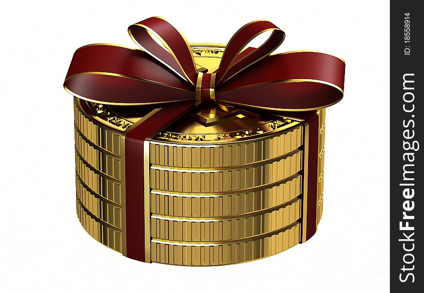 Gift of gold coins with a bow. Gift of gold coins with a bow.