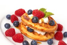 Belgian Waffles With Berries And Cream Royalty Free Stock Image