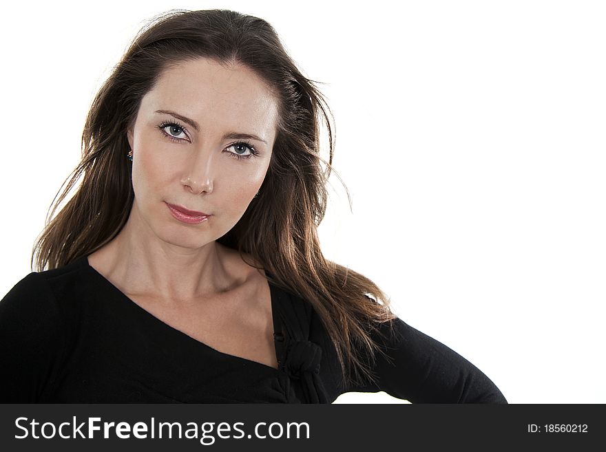 Portrait expression young woman in a black dress. White background.