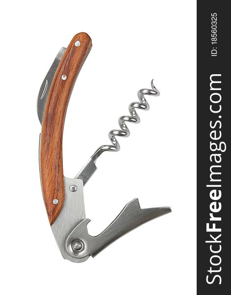 Multifunction knife with a big corkscrew isolated on white