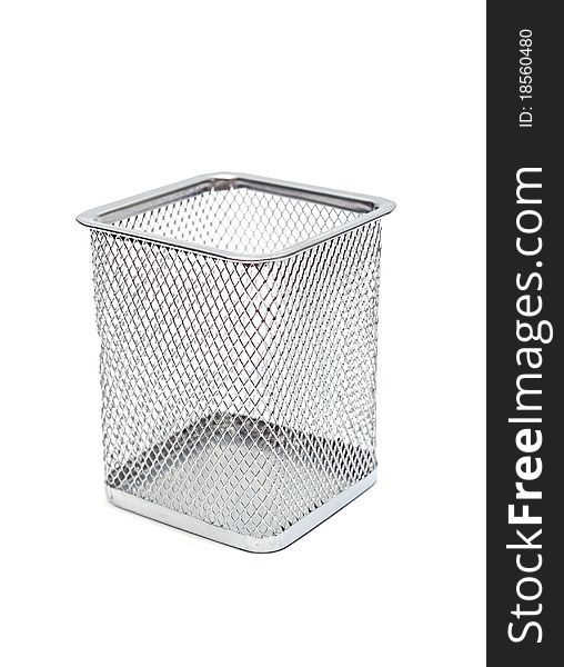 Silver mesh trash basket empty on white background