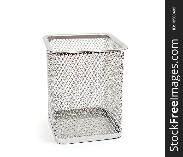 Silver mesh trash basket empty on white background