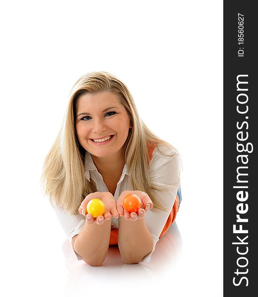 Pretty woman holding easter egg. white background
