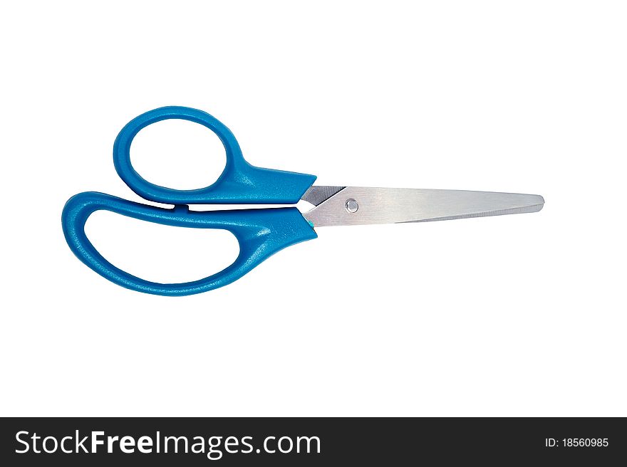 Blue handled scissors on a white background. Blue handled scissors on a white background.