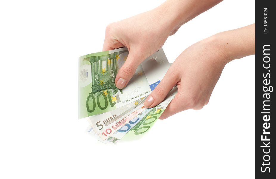 Close-up of Euro banknote in woman's hand. Close-up of Euro banknote in woman's hand