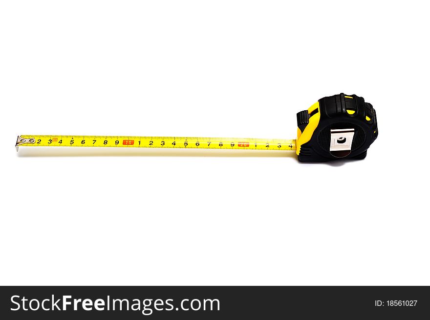 Extended retractable tape measurer on a white background. Extended retractable tape measurer on a white background