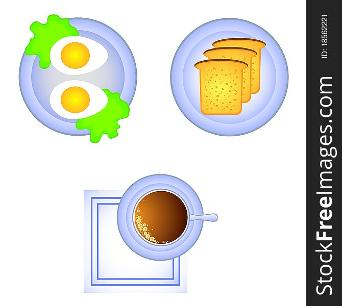 Set of  isolates. Breakfast view from above. A cup of coffee, toast, boiled egg. Set of  isolates. Breakfast view from above. A cup of coffee, toast, boiled egg.