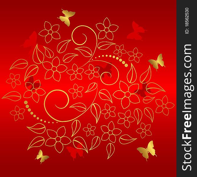 Red background with gold floral and butterflies. Red background with gold floral and butterflies.