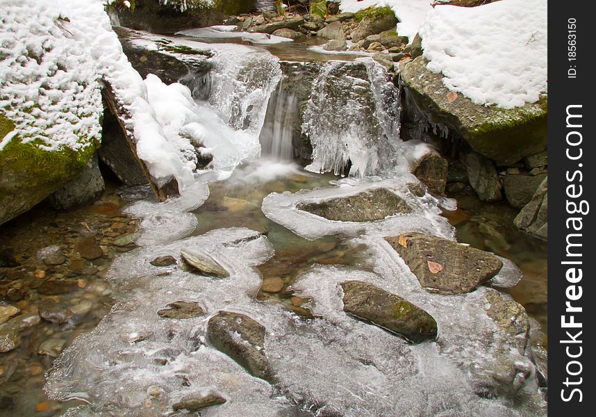 Cute little frozen winter stream off a hiking trail in Whistler