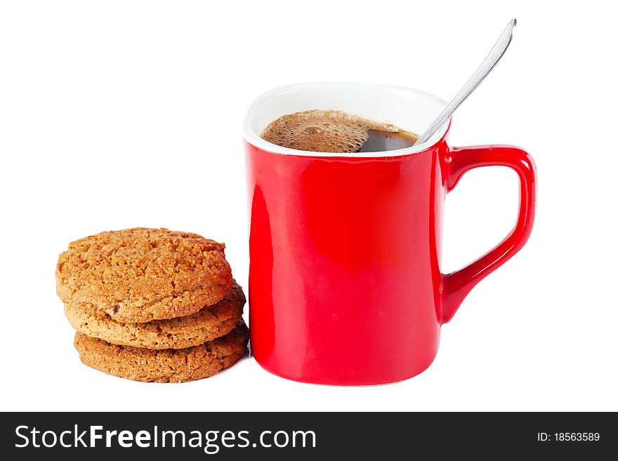 A red cup of coffee and cookies isolated over white background