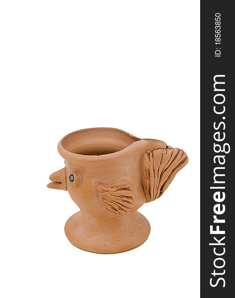 Bird form vase made of clay isolated on a white background.