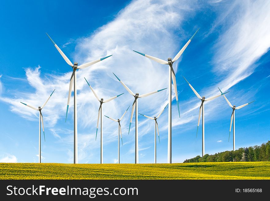 Wind farm. Modern windmills or wind turbines in the countryside. Wind farm. Modern windmills or wind turbines in the countryside