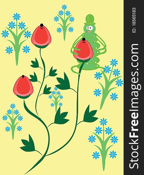 Abstract berries and animated caterpillar in a hat. Abstract berries and animated caterpillar in a hat