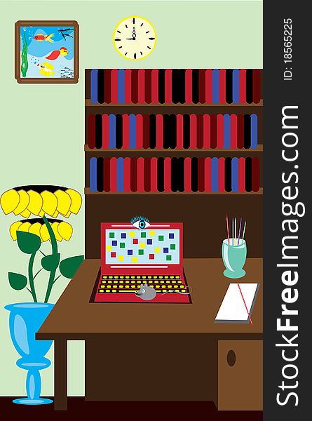 Room with catoon laptop, table, flower. Illustration