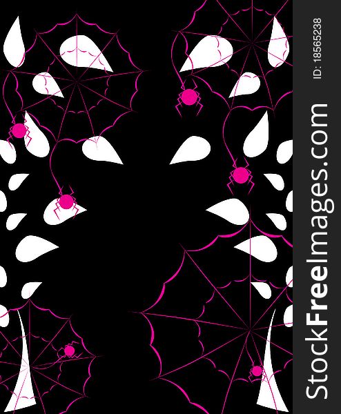 Cheerful pink spiders on a black background. Illustration
