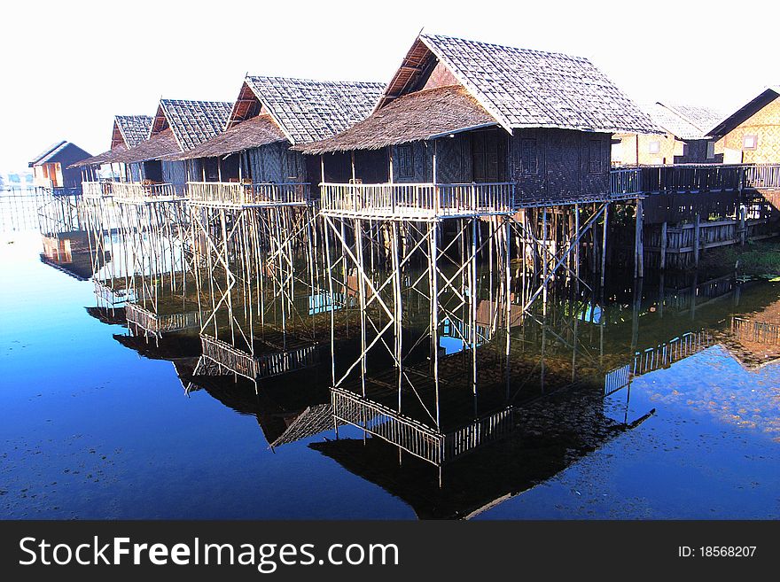 Landscape of wooden houses built in water in Myanmar. Landscape of wooden houses built in water in Myanmar
