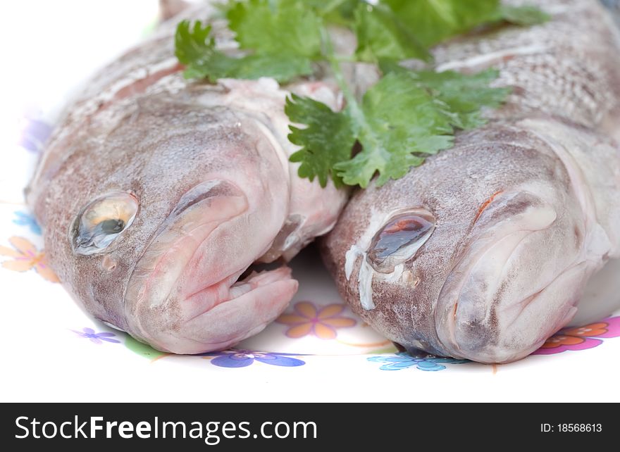 Two raw sea-bass fish preparing for cooking