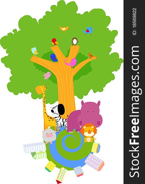 Animal tree and globe,illustration