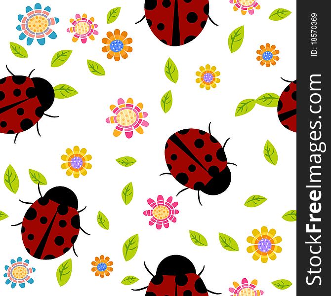 Seamless background with flowers and ladybirds