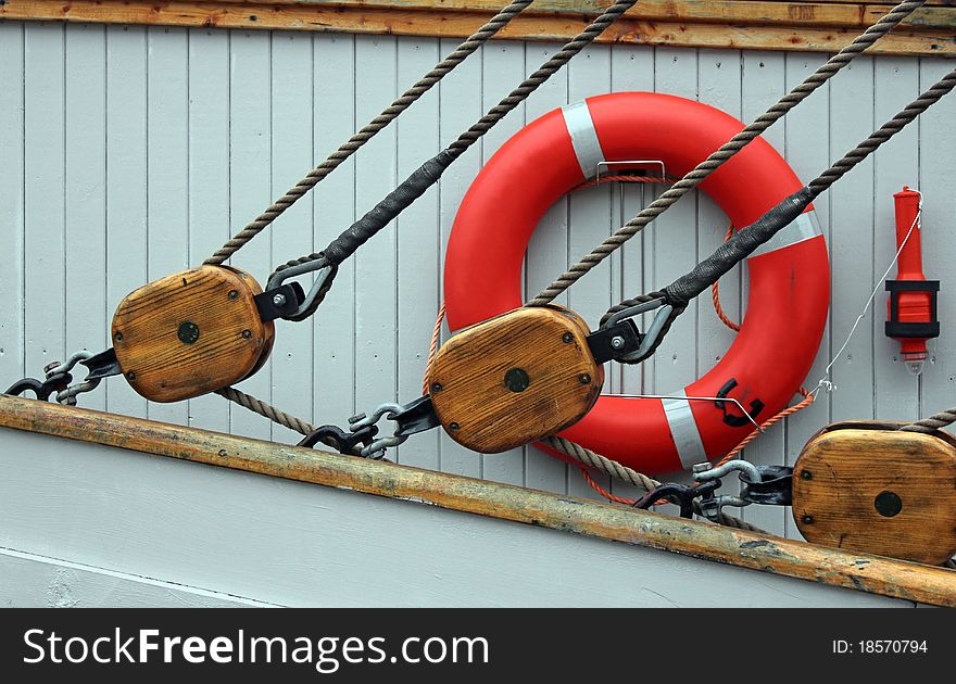 Row of Rope Pulleys on Old Sailboat. Row of Rope Pulleys on Old Sailboat