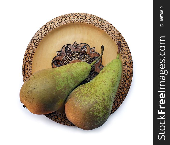 Two Pears On Wooden Plate