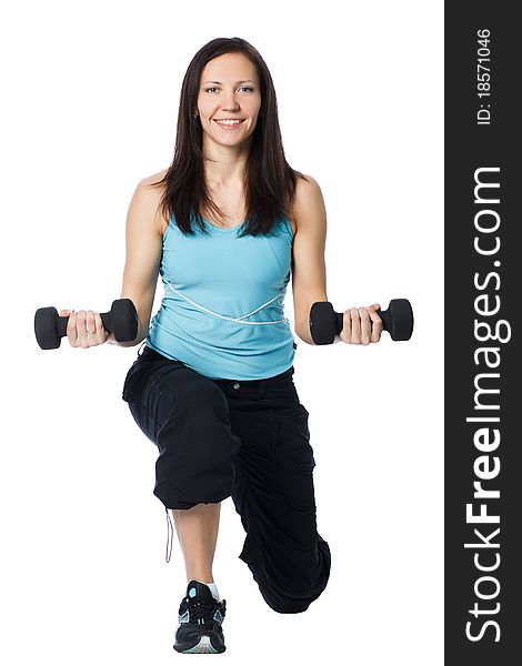 Girl is working out. Isolated on white